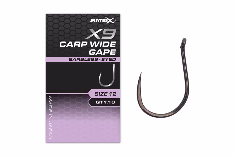 Matrix X9 Carp Wide Gape Size 12 Barbless - Eyed